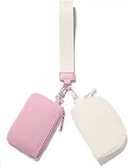 [Viverte] Mini Zip Around Keychain Wristlet Wallets Small Portable Dual Pouch Wristlet Detachable Coin Purse Pocket, Pink+cream White, Multicolor