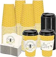 FYSUIMU 50 Set Bee Disposable Coffee Cups with Lids Sleeves Bee Happy Honeycomb Paper Drinking Cups Yellow Paper Cups for Summer Party Supplies