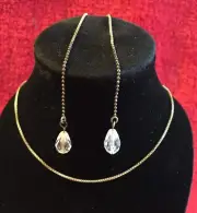 925 Silver Dainty Necklace & Threader Earrings with Teardrop Crystals Beautiful