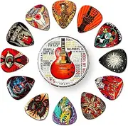 Guitar Picks 24 Pack Thin, Medium, Heavy & Extra Heavy Picks with Tin Box,Variety Pack Artistic Celluloid Guitar Pick for Bass Electric Guitar Acoustic Guitar Lovers Gift (Mix-2)