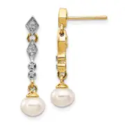 14k Yellow Gold w/Rhodium 5-6mm Semi-round FWC Pearl .04ct Real Diamond Earrings