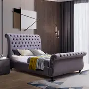 Bed Frame Sleigh Velvet Fabric Upholstery King Queen Size Tufted Headboard Deep Quilting Grey/ Beige Colour