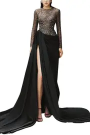 [TRACY STUDIO] MYRA SLIT SEE-THROUGH TAFFETA EXTRA LONG LENGTH DRESS YELLOW XXL