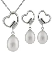 Splendid Pearls & CZs Silver 7-8mm Freshwater Pearl & CZ Earrings & Necklace Set