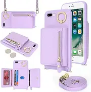 SunYoo for iPhone 7 Plus / 8 Plus Crossbody Case with Card Holders Slots Zipper Coin Purse Rotatable Ring Kickstand Cover Wristlet Strap Lanyard Litchi Leather Wallet for iPhone 8plus 7plus Purple