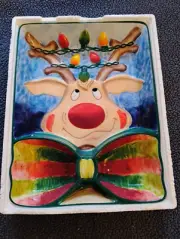 2000 Clay Art Reindeer -Chip 'N Dip Platter Tray Christmas Holiday 15" x 12"