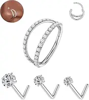[Purbeaut] 18G Nose Rings Hoops and 20G Nose Studs Set for Women Men,Hypoallergenic 316L Surgical Stainless Steel Double Nose Ring Gold Nose Hoop L-Shape Nose Rings Studs 1.5/2/3mm CZ Sets 4Pcs Silver
