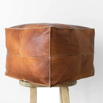 Ottoman Leather Genuine Moroccan Boho 20'' Pouf Handmade Brown Unstuffed