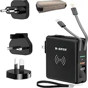 Wireless Travel Power Pack [Carrying CASE Included] Universal 5 in 1 PD 20 Watt Adapter 10000 MAH Power Bank QI Charger with AU UK US KR UK Plugs (Black)