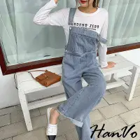 在飛比找蝦皮商城優惠-【HanVo】復古寬鬆顯瘦牛仔吊帶褲 百搭牛仔長褲吊帶長褲寬