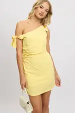 Yellow Bodycon Dress Tie up Shoulder Linen - Size 8, Women's Bodycon Dress