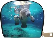 [JEJEA] West Indian Manatees Print Credit Card Holder Wallet, Small Card Holder Wallet with Zipper,Leather Card Holder, White, One Size