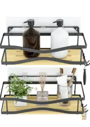 Shower Caddy Storage with Hooks, Adhesive Wall Mounted No Drilling 2 Pack Black