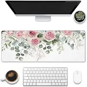 Desk Mat,Peony Flowers and Eucalyptus Leaves Large Gaming Mouse Pad for Desk XL,Pink Floral Desk Pad,Extended Big Computer Keyboard Mouse Pad with Non-Slip Base Stitched Edges 31.5"x11.8"