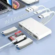 5-in-1 SD Card Reader for iPhone, Memory Card Reader USB/USB C to SD/TF Card USB OTG Adapter to SD Card Adapter with Charging Port for iPhone/iPad/MacBook/Samsung/PC Plug and Play SD/Micro SD