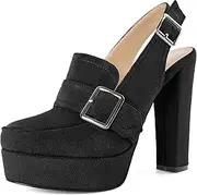 [Younton] Women's High Heel Loafers Platform Pumps Round Toe Heels Chunky Heel Pumps Stylish Comfortable 4.8 Inch Slingback Heels