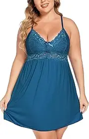 [Ababoon] Plus Size Lingerie for Women Lace Modal Chemises Nightgown V-Neck Full Slip Babydoll Sleepwear Size 16-24 Plus