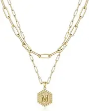 [M MOOHAM] Dainty Layered Initial Necklaces for Women Trendy, 14K Real Gold Plated Paperclip Chain Necklace Cute Hexagon Letter Pendant Initial Choker Necklace Gold Layered Necklaces for Women