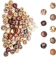 100pcs Natural Printed Wooden Beads - Large Hole Macrame Craft Beads for DIY Bracelet, Necklace, Dream Catcher (Round, 1cm)
