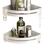 2PCS Bathroom Wall Corner Shelf Organizer, Kitchen Corner Storage Rack Non-Marking Shelf with Hooks, Easy to Install-White
