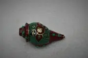 4"Old Tibetan Brass Om Mane Turquoise Inlaid Multicolor Left conch Shell Trumpet