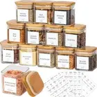 Glass Jars Set with Spice Labels Square with Bamboo Lids Food Storage Container