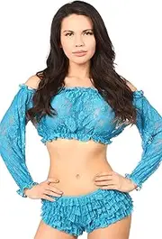 [Daisy corsets] womens Teal Sheer Lace Long Sleeve Peasant Top