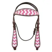 HILASON Western Horse Leather Headstall Set Pink Zigzag