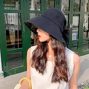 [SXLYKJ] Women Sun Visor Hat Black Plastic Big Brim Sunscreen Send Windproof Rope Female Summer Face-Covering Anti-Ultraviolet and Breathable Empty Top Fisherman Hat (54~58cm) (Color : Black)