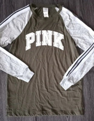 VS PINK mesh striped sleeve logo campus ringer tee NEW size XS olive