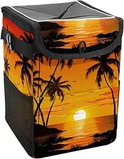 Car Trash Can with Lid and Storage Pockets Leak-Proof Organizer,Waterproof Garbage Can,Beach Palm Tree Sunset