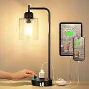 Industrial Bedside Table Lamp for Bedroom - Nightstand Lamps with USB C Charging Port, Fully Dimmable Black Ports and Outlets, Small Desk Glass Shade Office Living Room