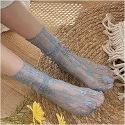 [AYTDNEHGK] Women's Kawaii Ladies Breathable Transparent Floral Lace Socks Sweet Mesh Fishnet Socks Soft Funny Socks Hosiery(Blue)