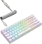 RK ROYAL KLUDGE RK61 60% Mechanical Keyboard with Coiled Cable, 2.4Ghz/Bluetooth/Wired, Wireless Bluetooth Mini Keyboard 61 Keys, RGB Hot Swappable Brown Switch Gaming Keyboard with Software - White