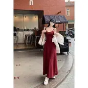 Spaghetti Strap Plain Slim-Fit Dress Wine Red - S