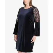 Tommy Hilfiger Women's Plus Size Lace-Sleeve Velvet Shift Dress (Blues, 20W)