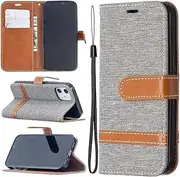 SATURCASE Case for Apple iPhone 12 Mini, Premium Jeans PU Leather Flip Magnet Wallet Stand Card Slots Protective Cover with Hand Strap for Apple iPhone 12 Mini (JE-Gray)
