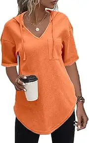[Cuptacc] Pullover Women's Hoodie Long Sleeve V Neck Pullover Sweatshirt Hoodie Plain Drawstring Top, Short Sleeve Orange, Large