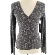 Almost Famous Womens Large Top Black Lightweight Knit V-Neck Front Button Blouse