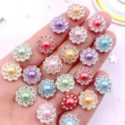 50pcs Round Flower Flatback Appliques Pearl Resin Flowers Rhinestones Art Crafts