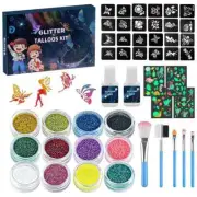 12Color Temporary Glitter Tattoo with 24Stencils Adult Arts Glitter MakeUp Kits