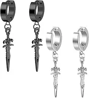 [xuanhang] 2 Pairs Men's Hypoallergenic Stainless Steel Sword Drop Dangle Huggie Hoop Earrings for women men,Titanium Steel Dainty Animal Cross Dagger Charm Huggy Hoop Male Cartilage Tassel Earrings Set Jewelry,