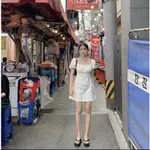 韓國製 顯瘦高腰A字裙洋裝 顯胸集中感鬆緊帶一字領洋裝澎澎短袖減齡連身裙（白）