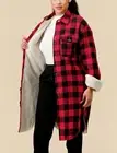 Red Black Buffalo Plaid Sherpa Fur Lined Long Shirt Jacket Shacket Coat S/M