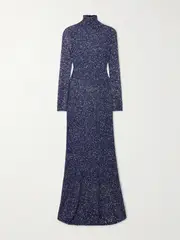 [Balenciaga] Balenciaga - Sequined Metallic-knit Turtleneck Maxi Dress - Navy - M M Blue
