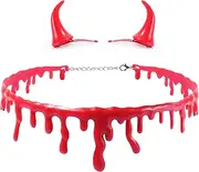 [BAOPLAYKIDS] Dripping Blood Choker Necklace and Devil Horns Hair Clip Halloween Party Samll Demon Vampire Costume Accessory for Women Red, One Size, Silicone
