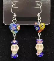 White Skull with Millefiori Heart & Beads Earrings by Neanie-Bot