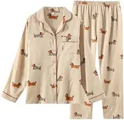 [ChangNanJun] Couple's Dachshund Print Long Sleeve Cotton Sleepwear Long Pants Set Spring Summer