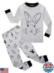 Little Boys Girls Rabbit Easter Long Sleeve Pajamas Cotton Grey Pjs Bunny Egg