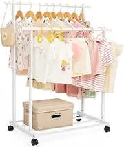 Cozivolife Kids Clothing Rack Bamboo with 2 Hanging Rods and 4 Hooks, Kids Dress Up Rack on Wheels, Small Child Garment Rack for Playroom,Toddlers Bedroom (White)